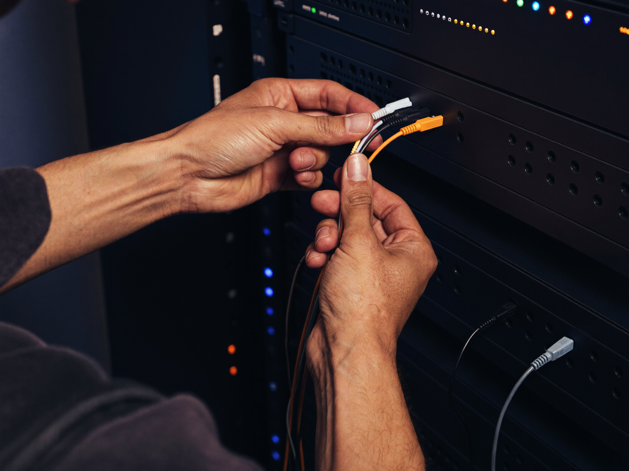 Panel de distribución de fibra óptica en rack técnico